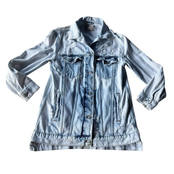 We The Free People Women's Sz XS Destroyed Long & Lean Trucker Jacket Acid Wash - Picture 10 of 14